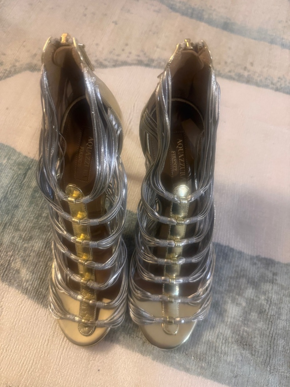 AQUAZZURA Xena 105 Metallic Silver Cage high heel Sandals silver and gold 37